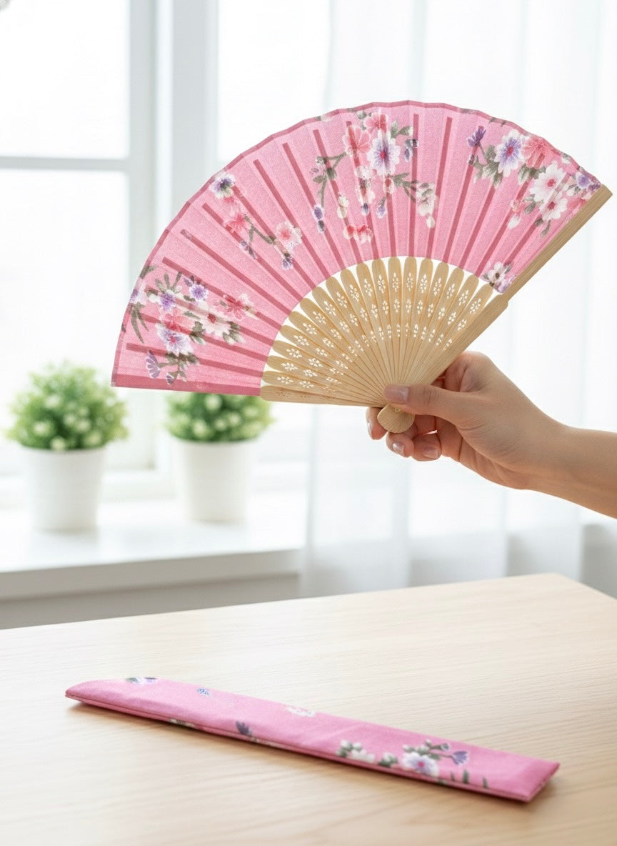 Pink Floral Folding Fan with Matching Sleeve