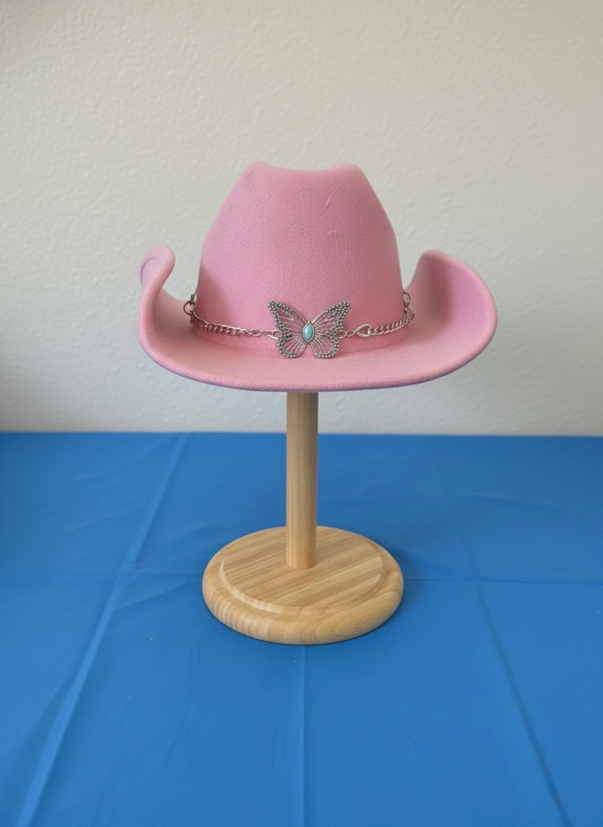 Pink Felt Cowboy Hat with Butterfly Chain