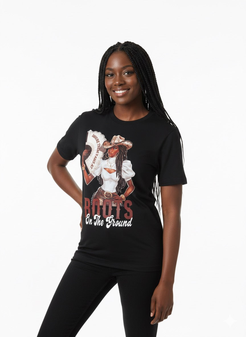 'Boots on the Ground' Cowgirl T-Shirt (Black)