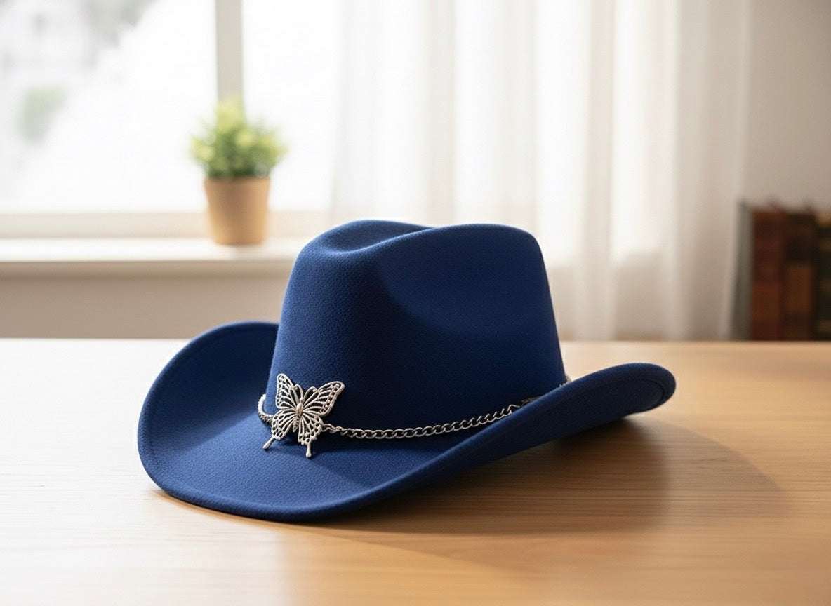 Blue Cowboy Hat with Butterfly Chain