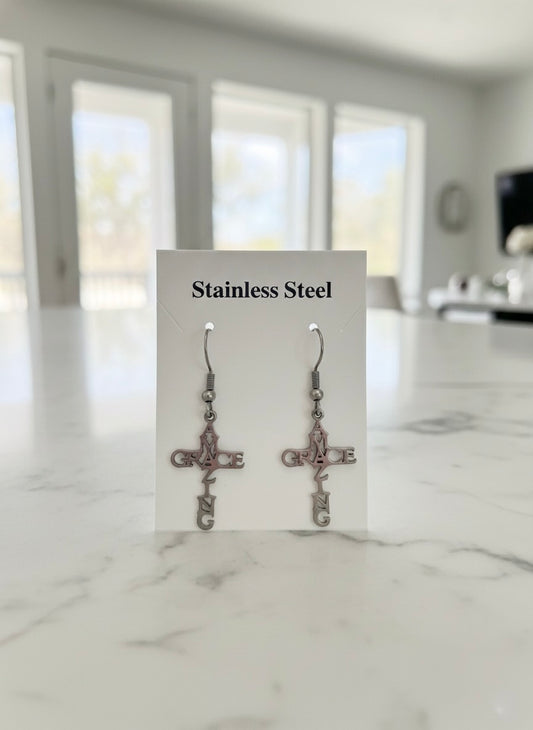 Stainless Steel 'Amazing Grace' Cross Earrings