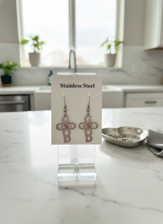Stainless Steel 'GOD' Cross Earrings