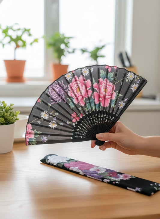 Black Peony Floral Hand Fan