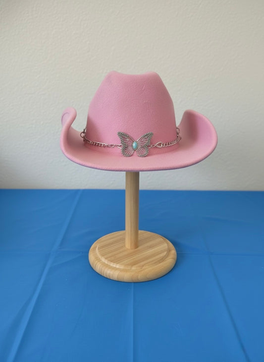 Pink Felt Cowboy Hat with Butterfly Chain