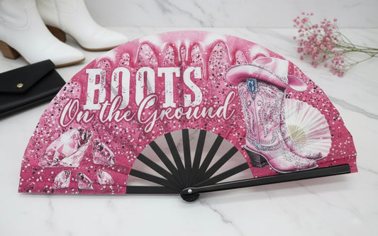 'Boots on the Ground' Folding Fan (Pink Glitter)